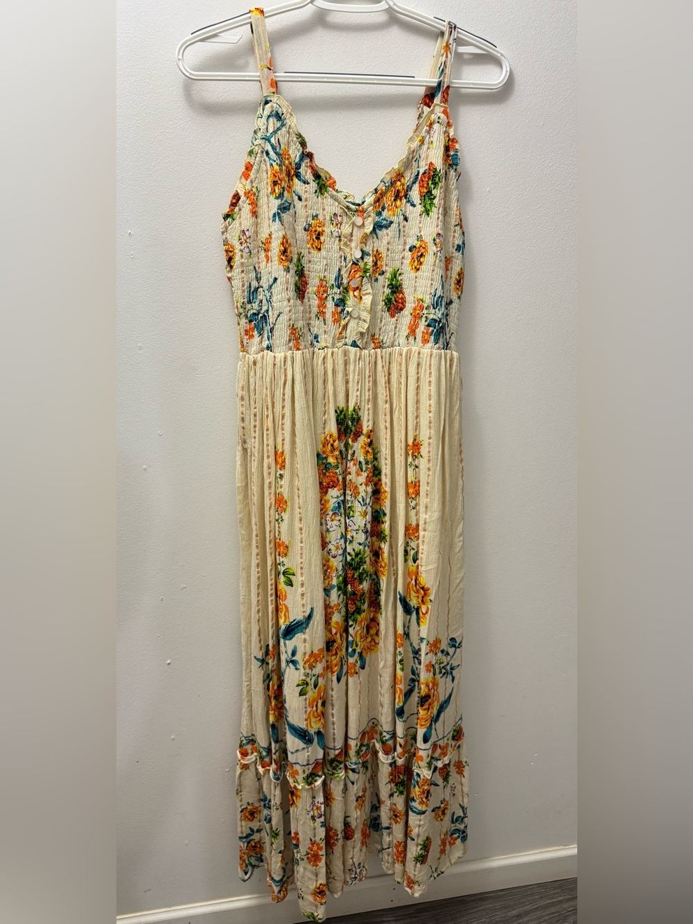 Me2Magic Bohemian Cream Floral Maxi Dress with Smocked Bodice (Anthropologie)